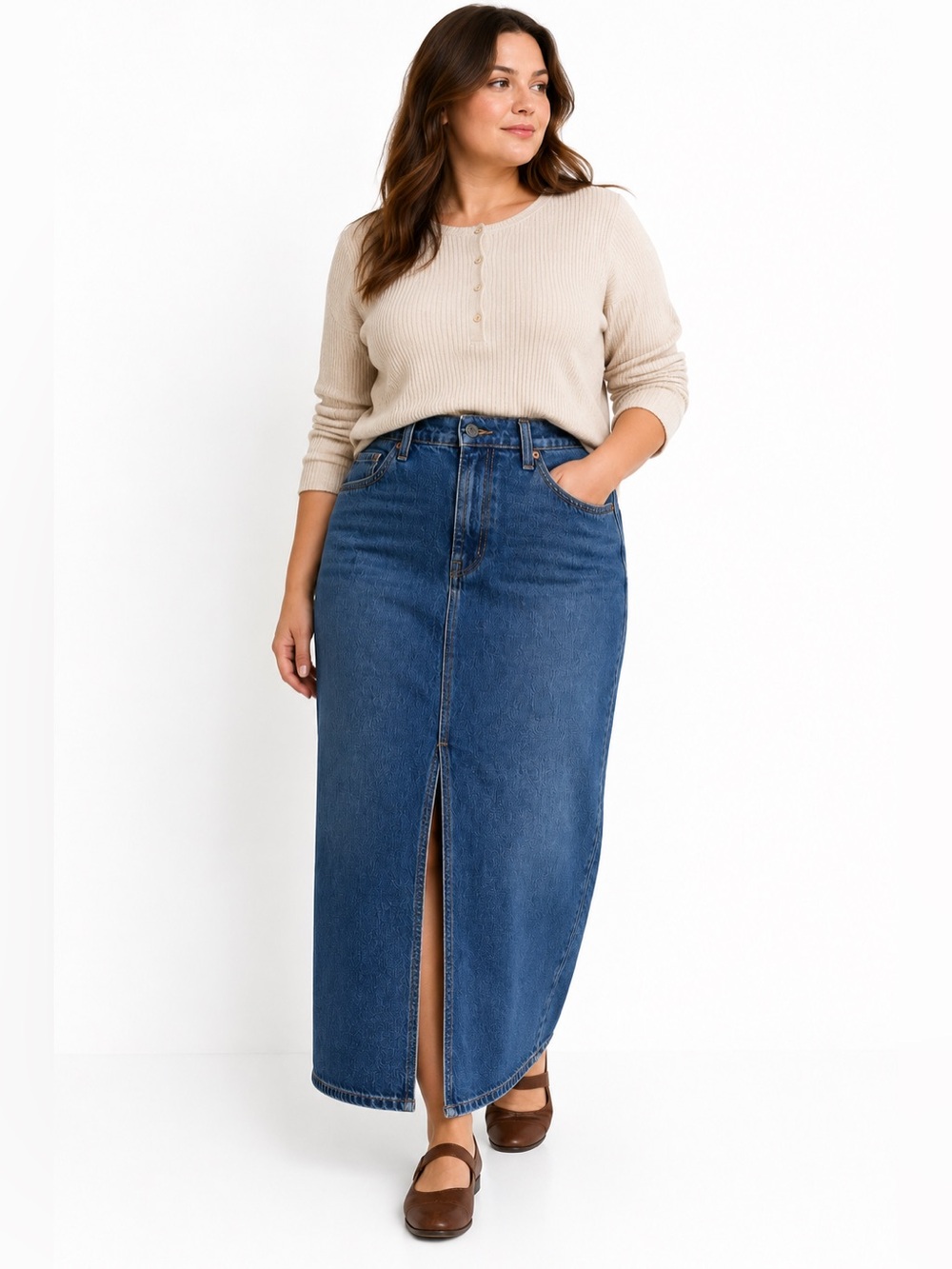 Old Navy Drapey Denim Skirt Sz 12 Front Slit Mid Rise Long Jean Casual